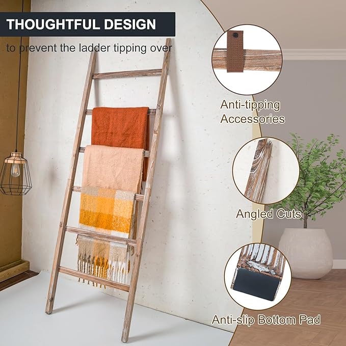 Blanket Ladder 6.4FT, Wooden Blanket Ladders for The Living Room, 6-Layer Farmhouse Rustic Towel Rack for Living Room Bathroo