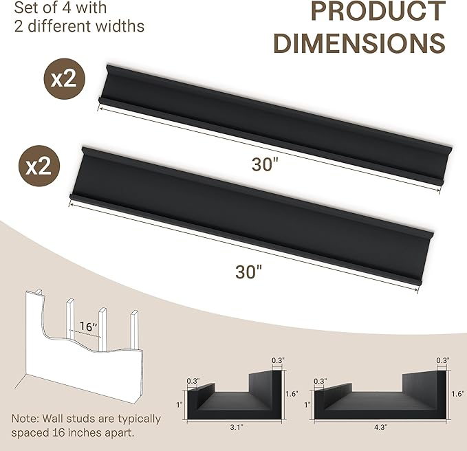 Fun Memories Picture Ledge Shelf - 30 Inches Floating Shelves Set of 4 - Floating Shelves with Lip for Storage - Wood Bookshe