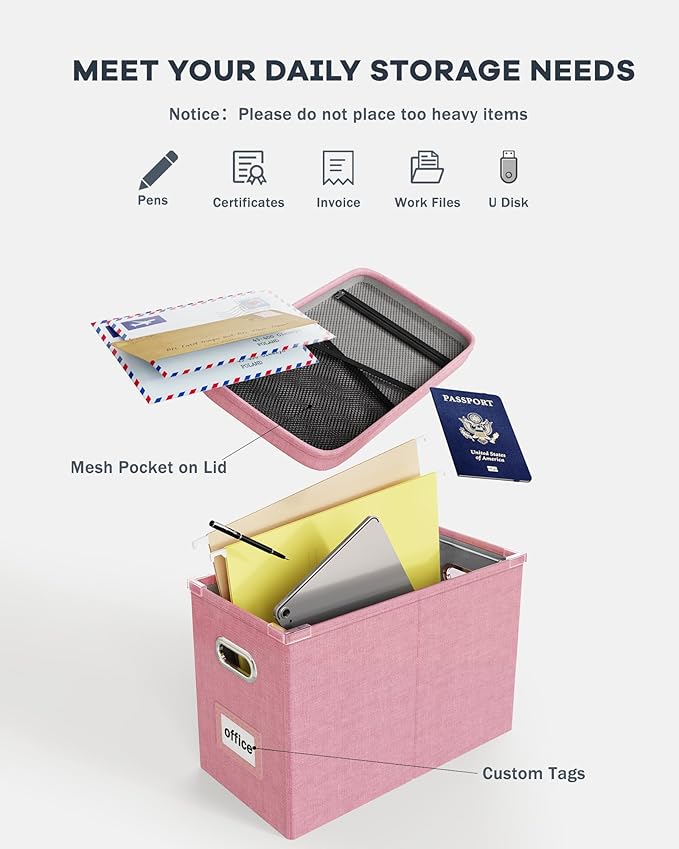 Oterri File Organizer Box with Lid, Hanging Filing File Box with Mesh Pocket, Document Organizer Box for Letter Files, Portab