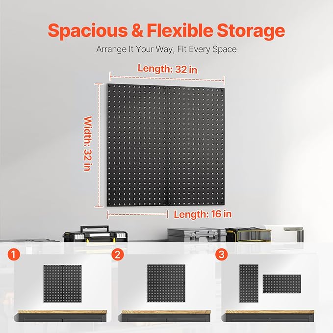 VEVOR Metal Pegboard Panels, 32" x 16" Pegboard, 2 Panels, Heavy Duty Steel Peg Board Wall Organizer, for Living Room Garage 