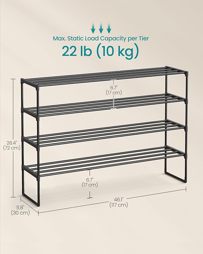 SONGMICS Shoe Rack, 4-Tier Shoe Organizer, Metal Storage Shelf, Upright or Upside Down, for 25-30 Pairs, Stackable, for Entry