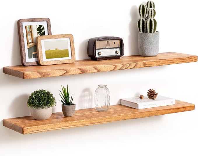Fun Memories 36 Inch Floating Shelves, Rustic Solid Wood Wall Shelves Set of 2, 8 Inch Deep Floating Shelf for Bathroom, Bedr