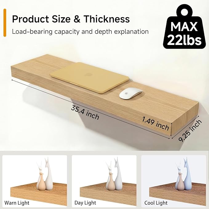 INHABIT UNION Oak Floating Shelves Set of 2，35.43in Wall Mounted Display Ledge Shelves for Bedroom, Bathroom, Living Room and
