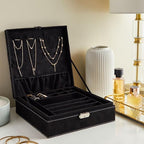 Juvale Jewelry Box for Men - 10.5 x 10.5 x 3.5 in, Black Velvet - Locking 2-Layer Travel Jewelry Organizer & Earring Holder, 