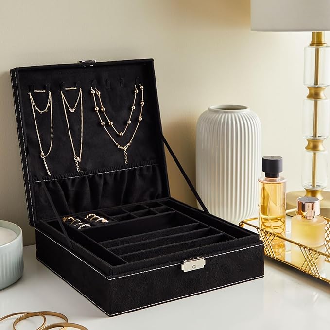 Juvale Jewelry Box for Men - 10.5 x 10.5 x 3.5 in, Black Velvet - Locking 2-Layer Travel Jewelry Organizer & Earring Holder, 