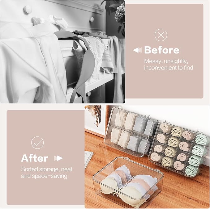 DILIBRA Socks Underwear Drawer Organizer for Closet, 16 Compartment Removable Divided Plastic Clear Sock Storage Box with Lid