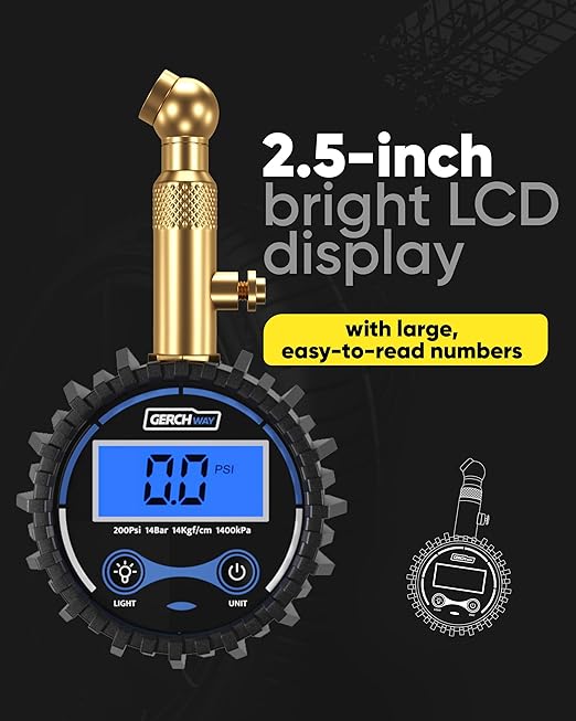 Digital Tire Pressure Gauge for Cars - Accurate Air Pressure Gauge for Tires with 360° Swivel Chuck - 200 PSI