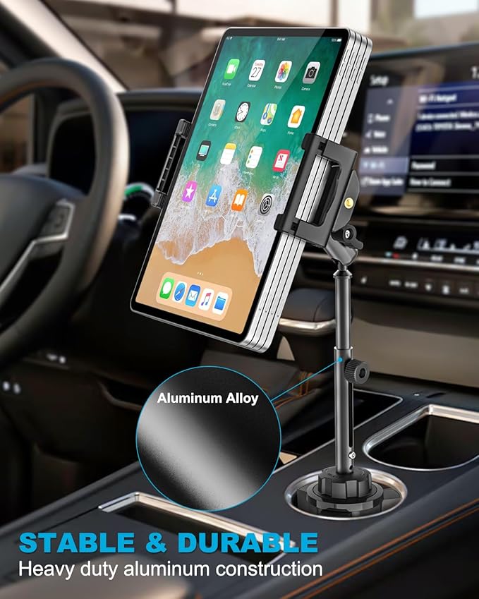 Cup Holder Car Large Tablet Mount, [Up to 15.6"] Metal Adjustable Arm CupHolder Tablet Clip, Heavy Duty Truck Cup Holder for iPad Pro 13 12.9 Air Mini, Galaxy tab, iPhone, 6.1-15.6" Devices