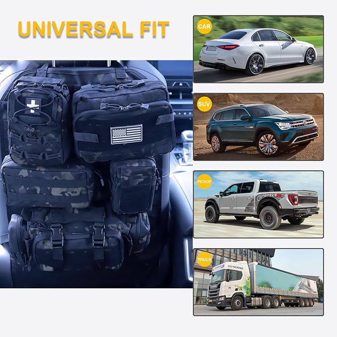 Universal Tactical Car Seat Back Organizer Bag Tactical Molle Vehicle Organizers Panel Vehicle Protector Organizers with 5 Detachable Pouches for Car Truck Ford Jeep (Upgraded C model Black camo)