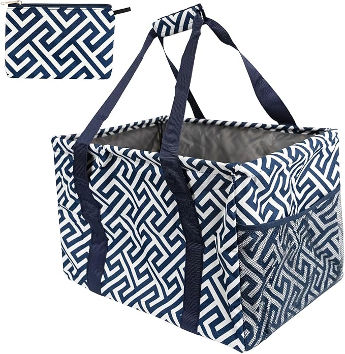 Extra Large Utility Tote Bag - Oversized Collapsible Tote with Wire Frame, Durable Reusable for Beach, Groceries, Laundry, Car Trunk, Storage and Travel - Includes 5x7 Bag with Hook - Geo Navy