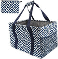 Extra Large Utility Tote Bag - Oversized Collapsible Tote with Wire Frame, Durable Reusable for Beach, Groceries, Laundry, Car Trunk, Storage and Travel - Includes 5x7 Bag with Hook - Geo Navy