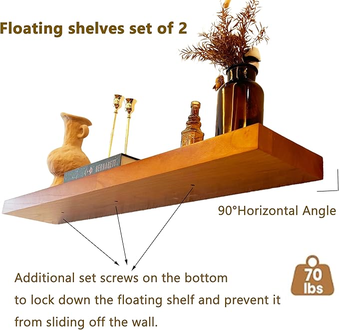 IEO Long Wooden Floating Shelves for Room Wall, Natural Wood Floating Shelves Wall Mounted Kitchen Shelf for Living Room, Bed