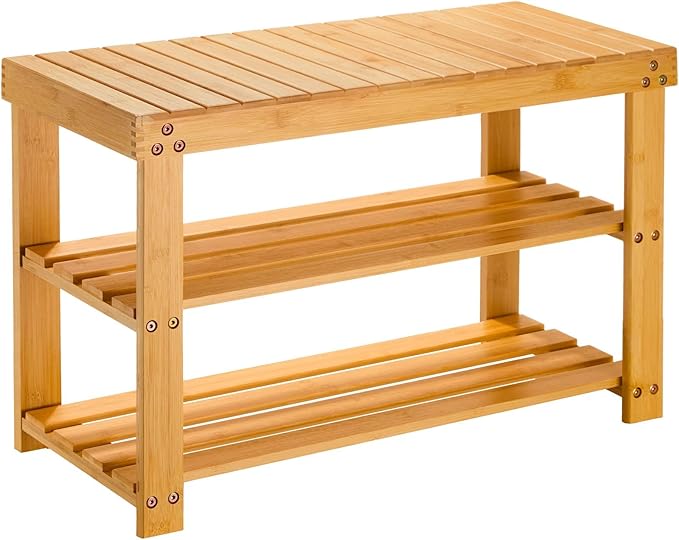 Pipishell 3 Tier Bamboo Shoe Rack Bench - Sturdy Shoe Organizer Holds up to 300lbs for Entryway, Bedroom, Living Room, Balcon