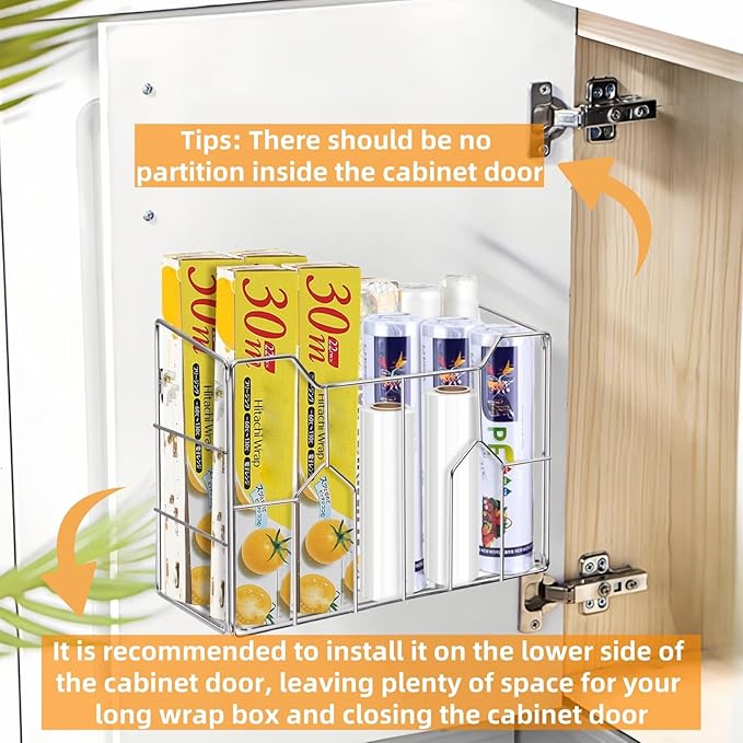 Cididu Kitchen Wrap Organizer Rack Wall Mount, Cabinet Door Organizer Storage, Wall Rack Basket Sturdy Steel Wire, Tall Insid