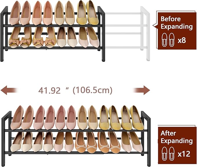 FAVOOSTY 2-Tier Expandable Shoe Rack, Adjustable Shoe Shelf Storage Organizer Space Saving Metal Free Standing Shoe Rack for 