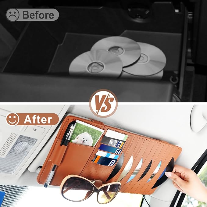 alpmosn Sun Visor CD Case Holder for Car - Multi-Function Visor Organizer with CD/DVD Storage, Eyeglass Clip, Card Slots & Pen Holder, Durable Leather Car Accessories (Orange)