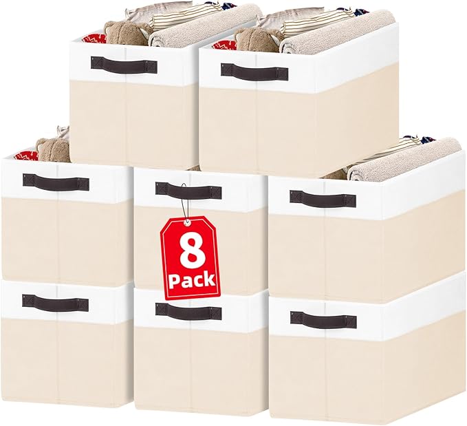 Criusia 8 Pack Large Storage Basket, Fabric Blanket Basket Living Room, Toy Organizers and Storage with Handles for Kids, Lau