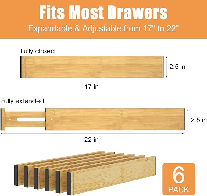 Bamboo Drawer Dividers,17-22" Adjustable Kitchen Drawer Organizer for Clothes,6 Pack Expandable Drawer Organization Separator