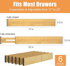 Bamboo Drawer Dividers,17-22" Adjustable Kitchen Drawer Organizer for Clothes,6 Pack Expandable Drawer Organization Separator