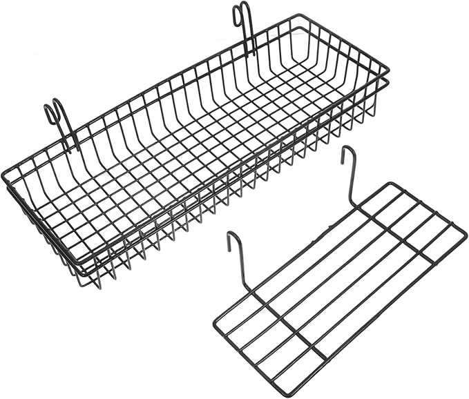 IMIKEYA 2Pcs Wall Mount Wire Basket Black Metal Hanging Organizer with Hooks for Efficient Storage Display Home Office Kitche