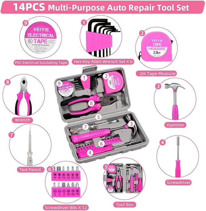 Roadside Emergency Car Kit for Vehicles, Pink Car First Aid Kit Emergency Kit with Jumper Cables, Car Safety Kits, Tow Strap,