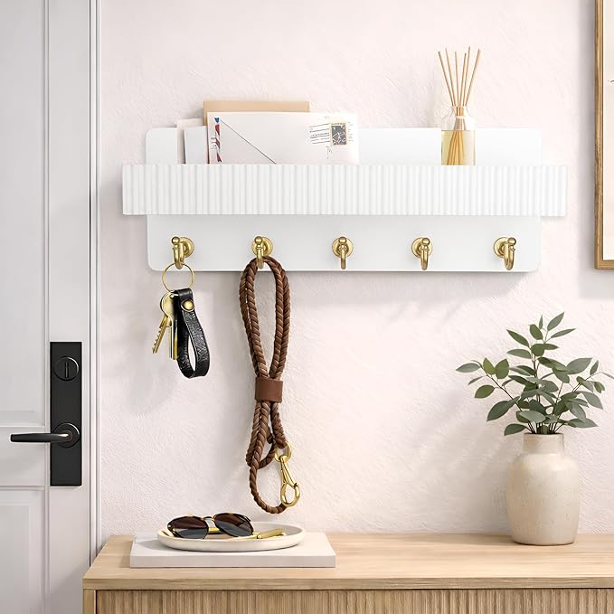 Key Holder Wall Mount, 14" Wooden Entryway Key and Mail Organizer with 5 Metal Hooks, Decorative Key Hanger Rack for Hallway 