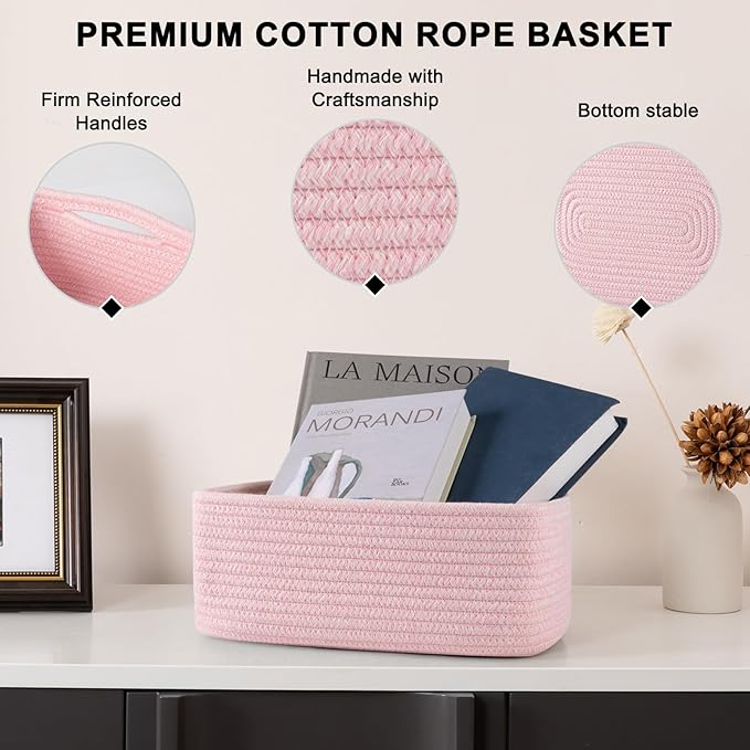 OIASKET 4 Pack Small Storage Shelf Baskets for Organizing, Mini Woven Rope Storage Bins for Towels, Cute Decorative Closet Or