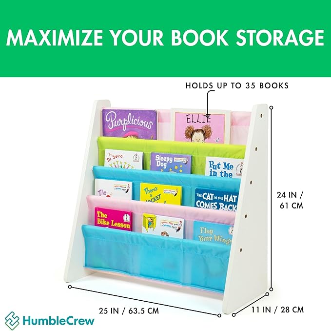 Humble Crew 4-Tier Kids Bookshelf, White Wood/Pastels - Premium Book Shelf for Kids Rooms with Four Deep Pockets - Toddler Sl