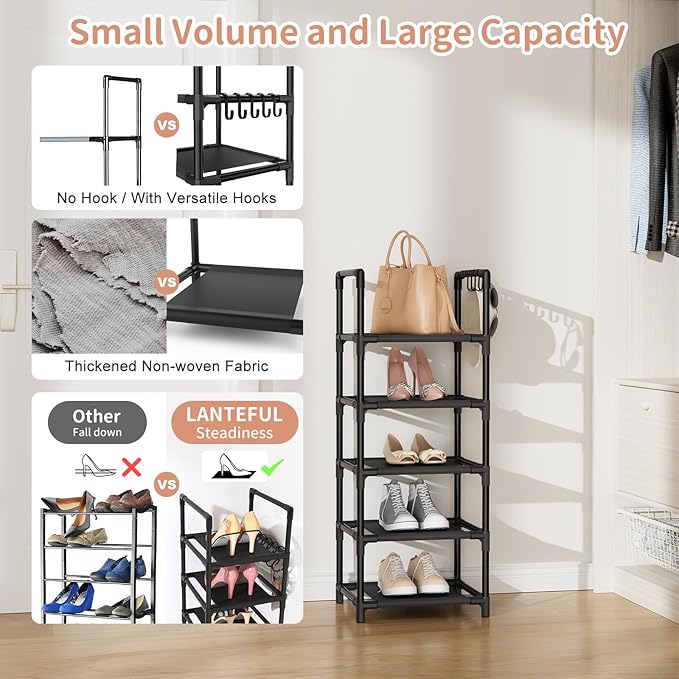 LANTEFUL Narrow Shoe Rack 5 Tier Shoe Shelf Storage for 5-10 Pairs Shoe and Boot, Sturdy Shoe Storage Space Saving Corner Sho
