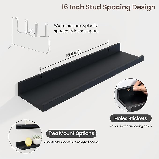 Axeman Picture Ledge Shelf | 24 Inch Black Floating Shelves Set of 3 | Rustic Wood Wall Shelves with Lip | 24" Black Picture 