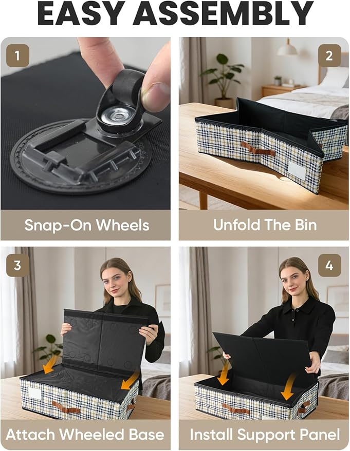 2-Pack Under Bed Storage with Wheels and 6 Vacuum Seal Bags, Adjustable Height 7.9"-10.2",Heavy Duty Capacity, Clear Lid Orga