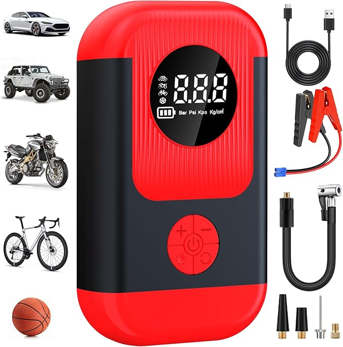 Tire Inflator Portable Air Compressor & Car Jump Starter, Cordless Air Pump with LED Light & Pressure Gauge for