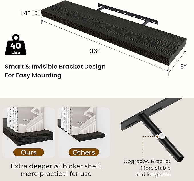 Dreamland 36 Inch Long Floating Shelves in Black,8 Inch Deep Floating Shelf for Wall,Large Display & Storage Shelf, Wall Shel