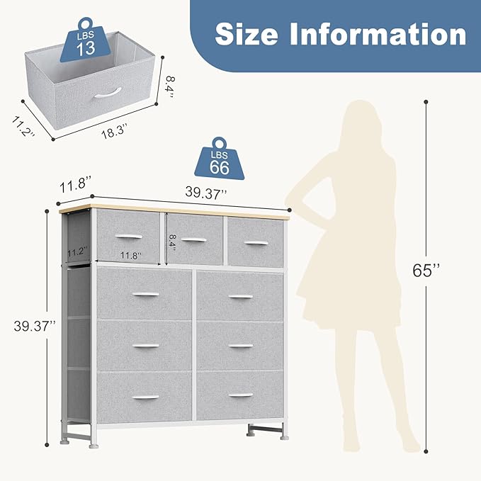 DUMOS 9 Drawer Dresser for Bedroom, Fabric Storage Organizer with Sturdy Metal Frame, Wooden Top Chest of Drawers for Closet 
