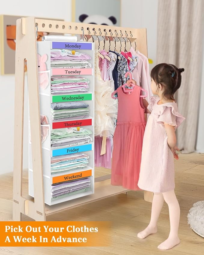 punemi Weekly Clothes Organizer for Kids, 6-Shelf Hanging Closet Storage with Side Pockets, Days of The Week Design, 11.8" x 