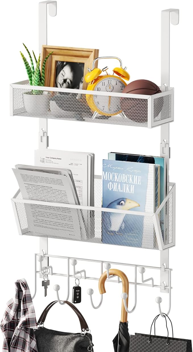 HapiRm Over Door Hook with 2 Mesh Baskets and 9 Hooks, 304 Stainless Steel No Drilling Over The Door Hanger, Storage Organize