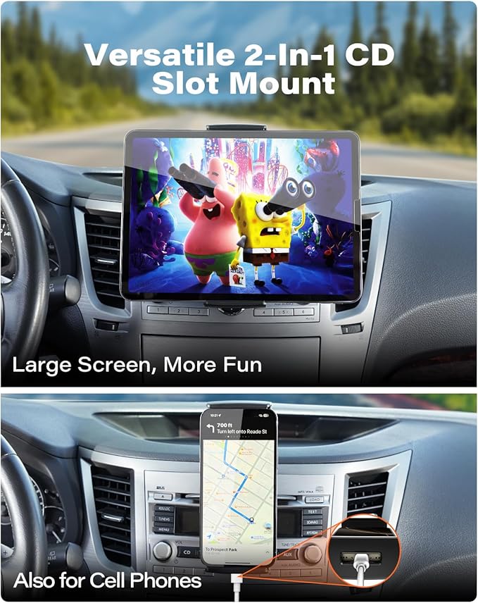 APPS2Car for Sturdy iPad Holder for Car CD Slot Tablet Mount, 2-in-1 Universal 4.7-11" Holder for iPad Pro 11 Air Mini, iPhone, Galaxy Z Fold, Adjustable 360° Rotation, Road Trip Essentials