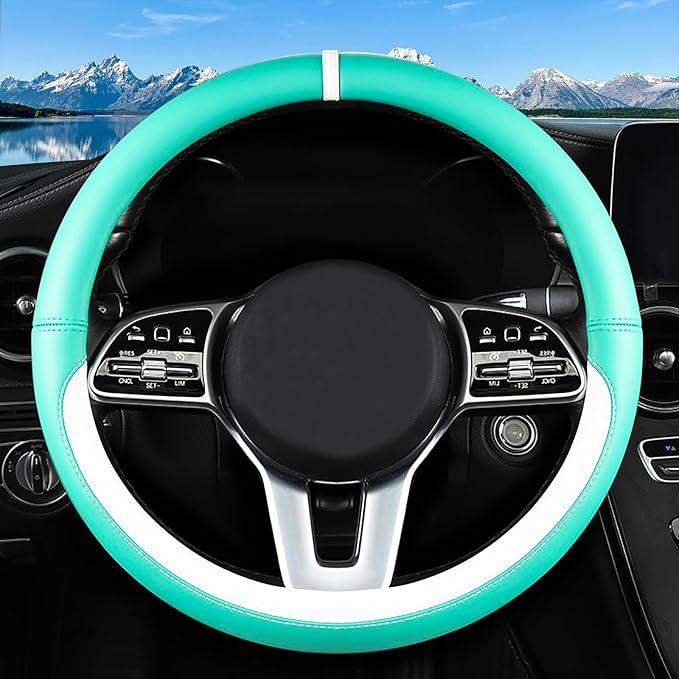 Car Leather Steering Wheel Cover - Panapi Material, Universal 14.5-15 Inch Leather Anti-Slip Breathable Auto Steering Wheel C