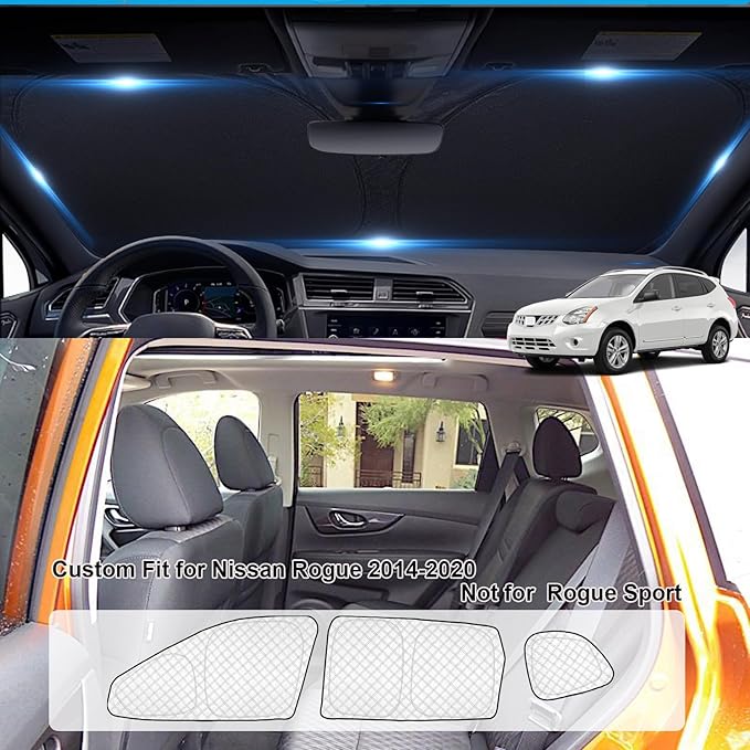 KMF 8pcs Thicken Sun Shades for Nissan Rogue(Not Sport) 2014-2020 Accessories, Full Car Window Covers Sunshade for Windshield Side Rear, UV Block and Privacy Blackout for Car Camping Outdoor