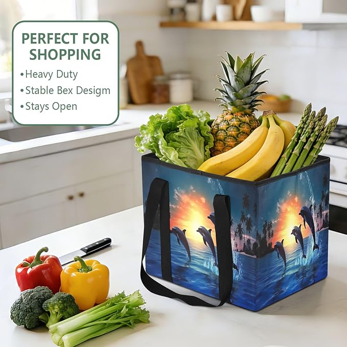 Jumping Dolphin Reusable Grocery Bags Large Shopping Tote Bag with Reinforced Bottom Board, Water Resistant Foldable Storage 
