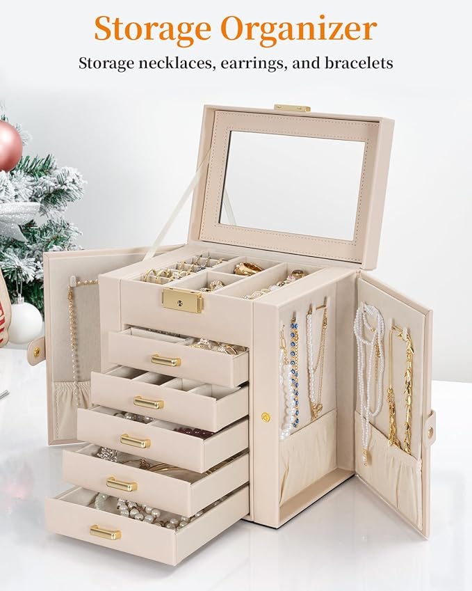 TORIBIO Large Jewelry Box for Women, Leather Jewelry Organizer with Mirror & Lock, 6-Tier Jewelry Storage Case for Girls/Wome