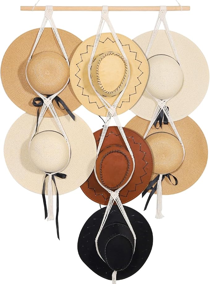 ZYP 7 Hats Style Macrame Hat Hanger Hat Rack for Wall,Women Decor Hat Holder,Bobo Hanging Hat Organizer Storage,Hats Display 