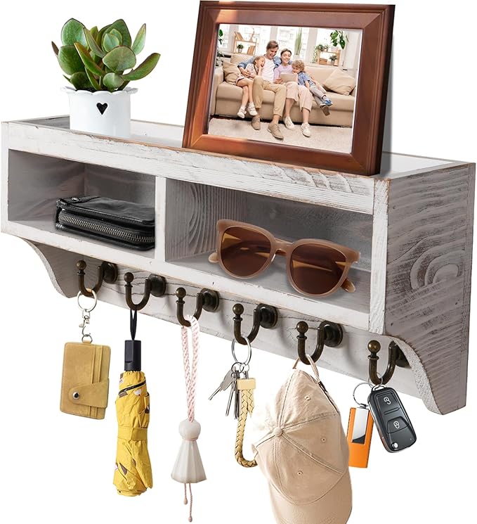 Key Holder Wall Mount - Mail Organizer Wall Mount with 6 Key Hooks and Storage Box for Sunglasses Storage and Dog Leash Holde