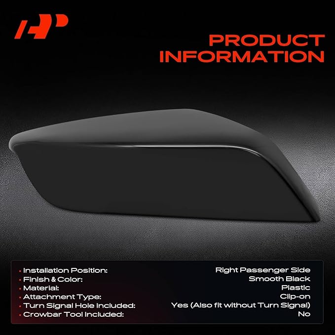 A-Premium Passenger Side Rearview Mirror Cover Cap - Compatible with Chevy Chevrolet Malibu 2016 2017 2018 2019 2020 2021 2022 2023 2024 2025 - Smooth Black