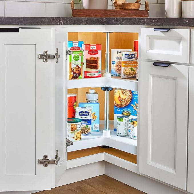 Rev-A-Shelf 2 Tier Kidney Cut Lazy Susan for Corner Base Cabinets, Plastic, 28" Double Shelf Swivel Kitchen Spice/Can Organiz