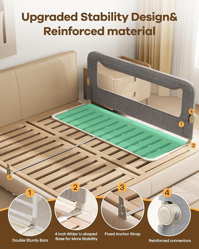 Foldable Bed Rail for Toddlers, 59in Reinforced Carbon Steel Frame&Connectors, Breathable Cationic Fabric, Safety Toddler Bed