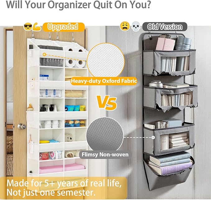 Over The Door Organizer with 5 Shelves, 9 Compartment + 10 Side Pocket, Sturdy Oxford Cloth, Supports 90 lbs, Heavy-Duty Behi