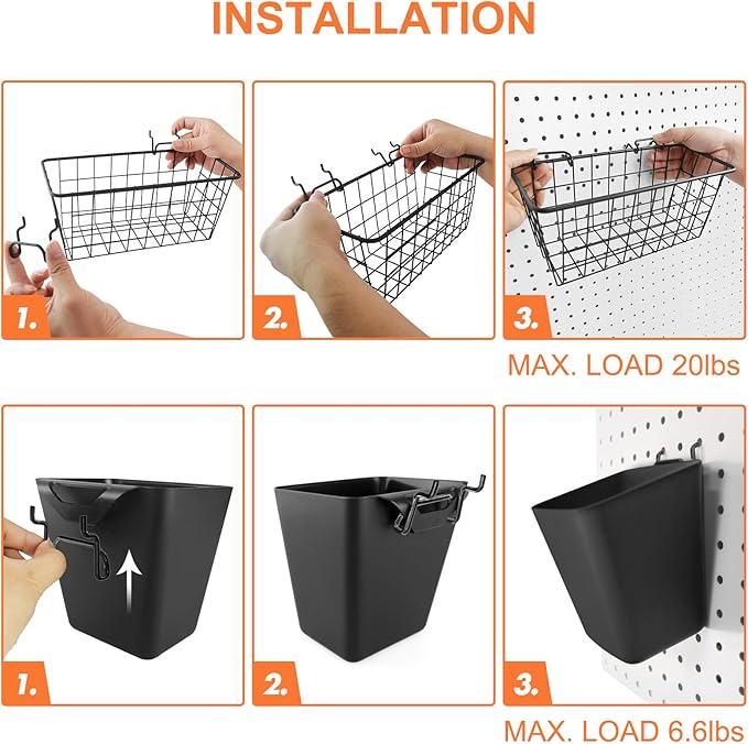 Pegboard Basket Organizers, Peg Board Large Baskets Hooks Bins Cups Tool Organizer 6 Pack Set, Wall Storage Display Hanging A
