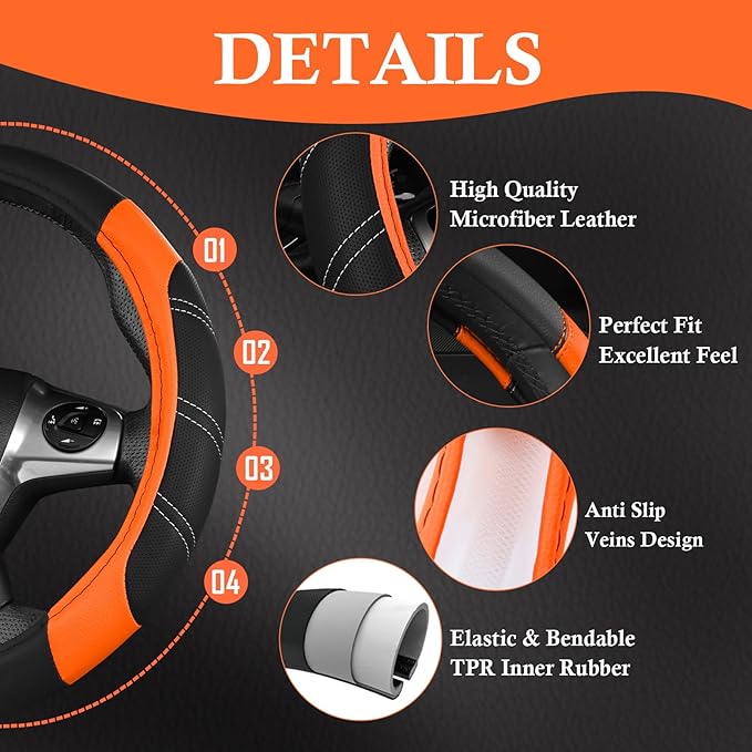 CAR PASS Leather Steering Wheel Cover and Waterproof Car Floor Mats,Microfiber Universal Car Combo Fit for 95% Sedan SUV Van 
