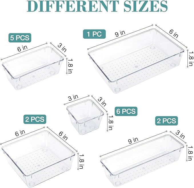 StorMiracle 16 PCS Drawer Organizer Set, 5 Varied Size Bathroom and kitchen Drawer cabinet organizer Trays, Clear Storage Bin